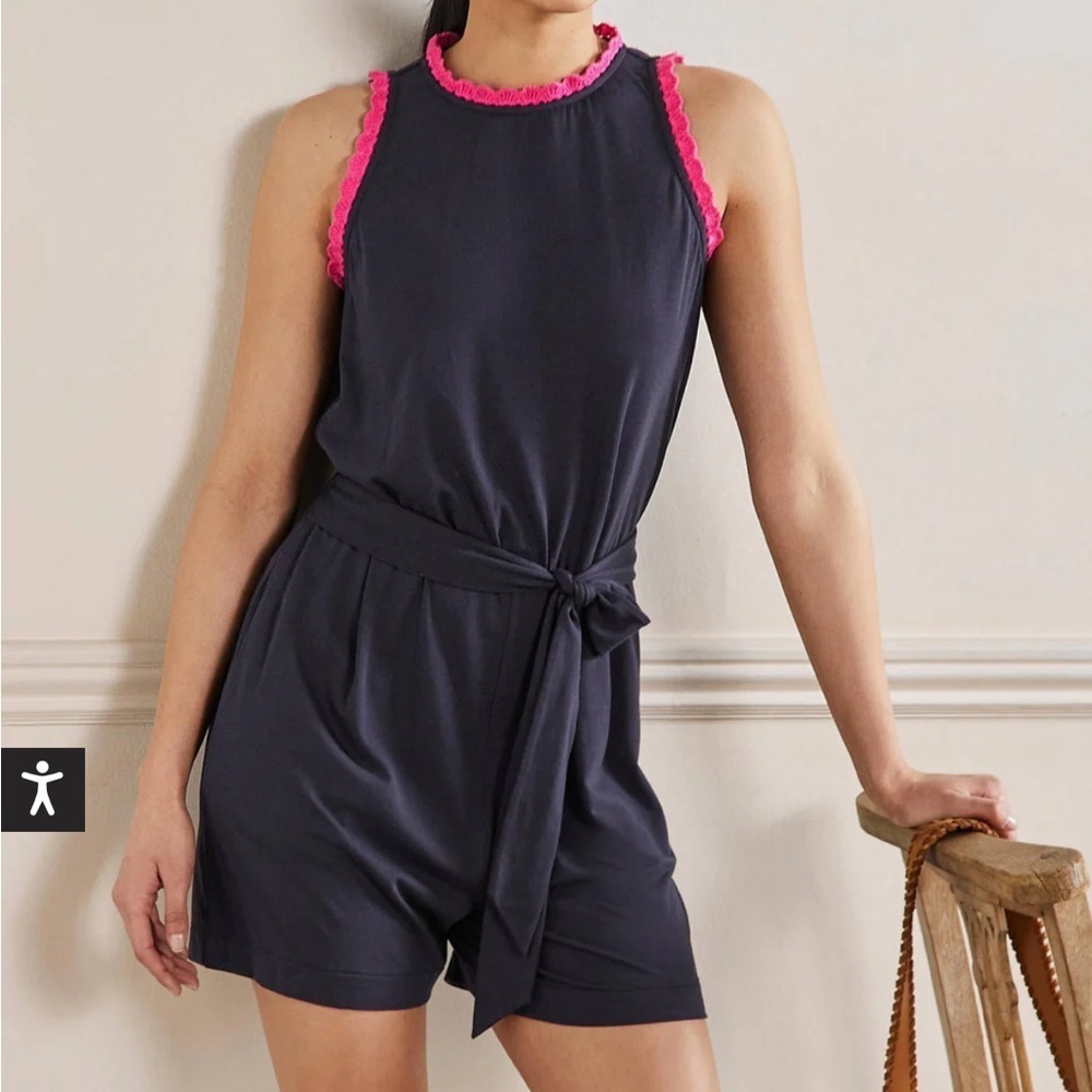 BODEN Crochet Detail Jersey Romper navy Blue Sleeveless Belt Sz 2 Petite NEW